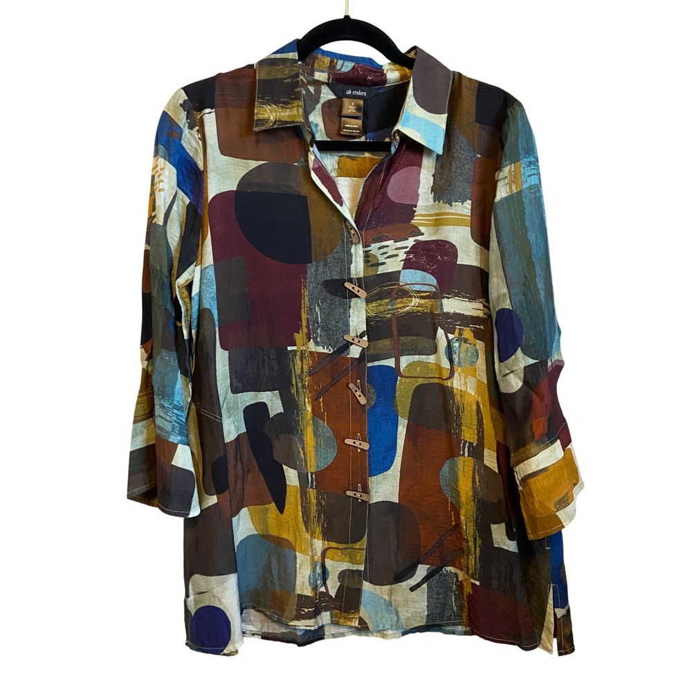 Ali Miles Womens Small Abstract Print Toggle Button Tunic Shirt 3/4 Sleeve Multi